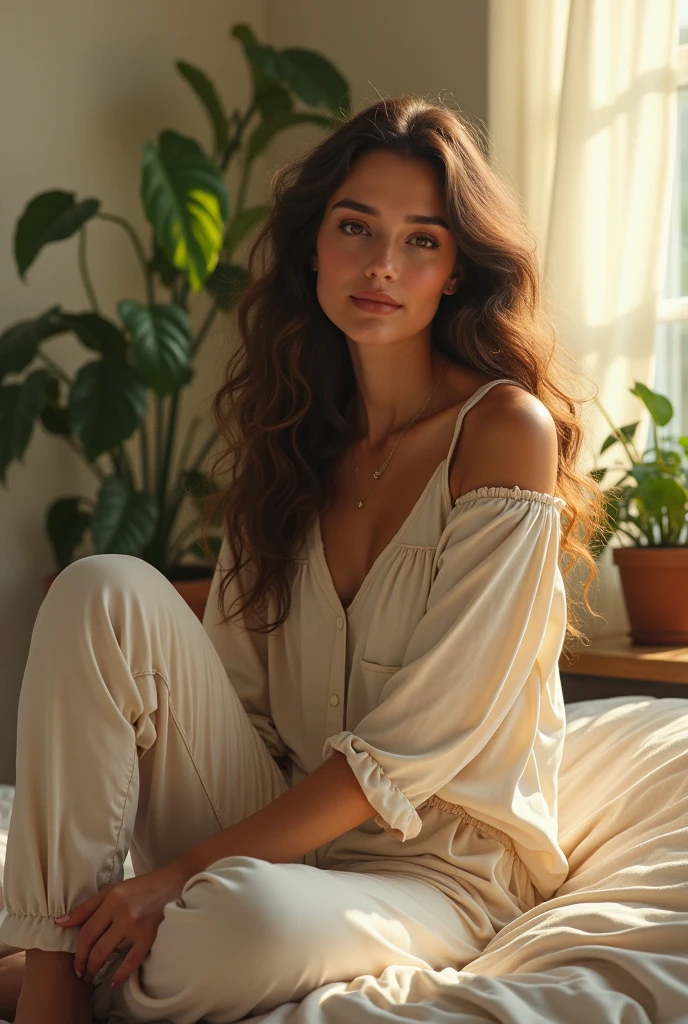 (photorealism:1.2), beautiful woman, sitting on bed, wearing loose off-shoulder top, pajama pants, long curly hair, indoors, soft lighting, plants in background, window with sunlight, cozy room, relaxed pose, realistic, intricate details, warm colors, by Greg Rutkowski, by Alphonse Mucha
