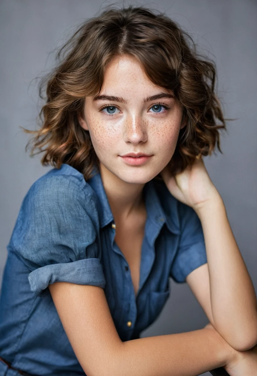 Cute r young girl, Brown hair, adorable attractive, innocent and friendly. Adorable little freckles on her cheeks. Short hair, lots of hair, short wavy hair. A color dark blue short-sleeved shirt with pants color khaki. Slightly playful, flirtatious and calm facial expression. Slightly noticeable breasts. Wristband in right hand black color, lively and cool earrings. Light makeup and black painted nails ((big breasts)) ((realistic photo)) ((Nice house)) ((Looking at the viewer))