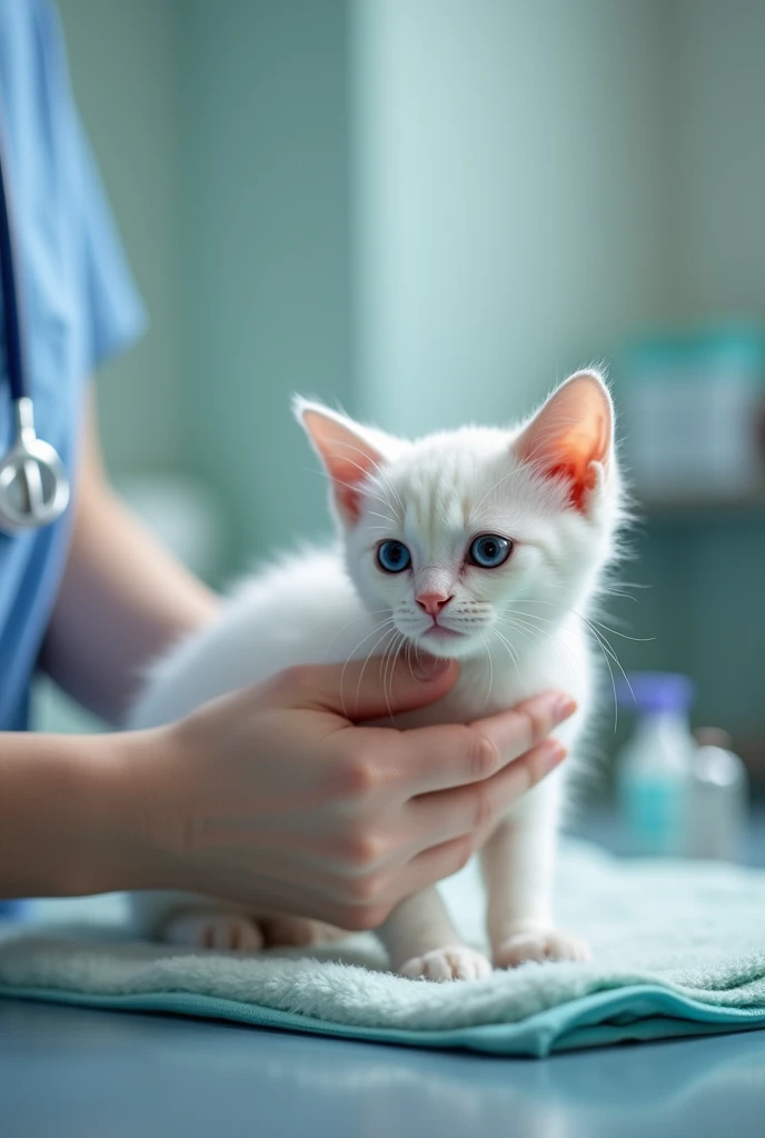 The doctor bandaged the small white cat where the rash was in the hospital.