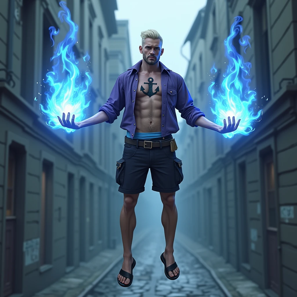 high resolution、8k、Detailed depiction、Real、Realistic、Realistic、German Men、(((Slender)))、tall、Long legs、middle aged、(((Blonde)))、Narrow eyes、Fearless smile、Intellectual、Both sides shaved、Hair that stands up on top of the head、open brests、((A large anchor tattoo in the center of his chest))、Purple Shirt、Light blue waistband、Black shorts、Sandals、gun belt、Both hands are engulfed in blue flames、Floating in the air、Single eyelid、Stubble on chin only