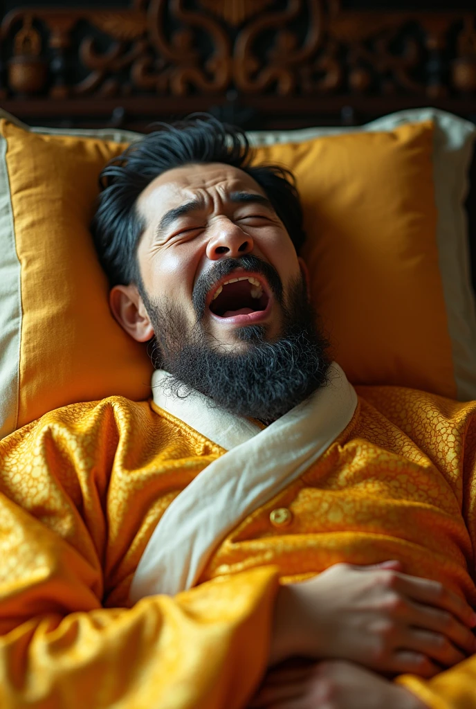creating an image of a emperor, lying in bed, with his golden dragon robe, painfully, his dick was erection and wet in milky mucus. His eyes were wide open, his mouth wide open with difficulty breathing. Chinese style.