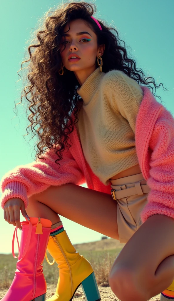 super high fashion boots, neon pink, neon blue, neon yellow, neon green, a blond supermodel posing outside on a sunny day, extreme close up shot, wearing a cool super high fashion trendy mohair sweater, skirt, striped socks, super high fashion boots, high fashion makeup, super curly long black hair, 90s hairband, oversized print sweatshirt, high end fashion editorial vibe