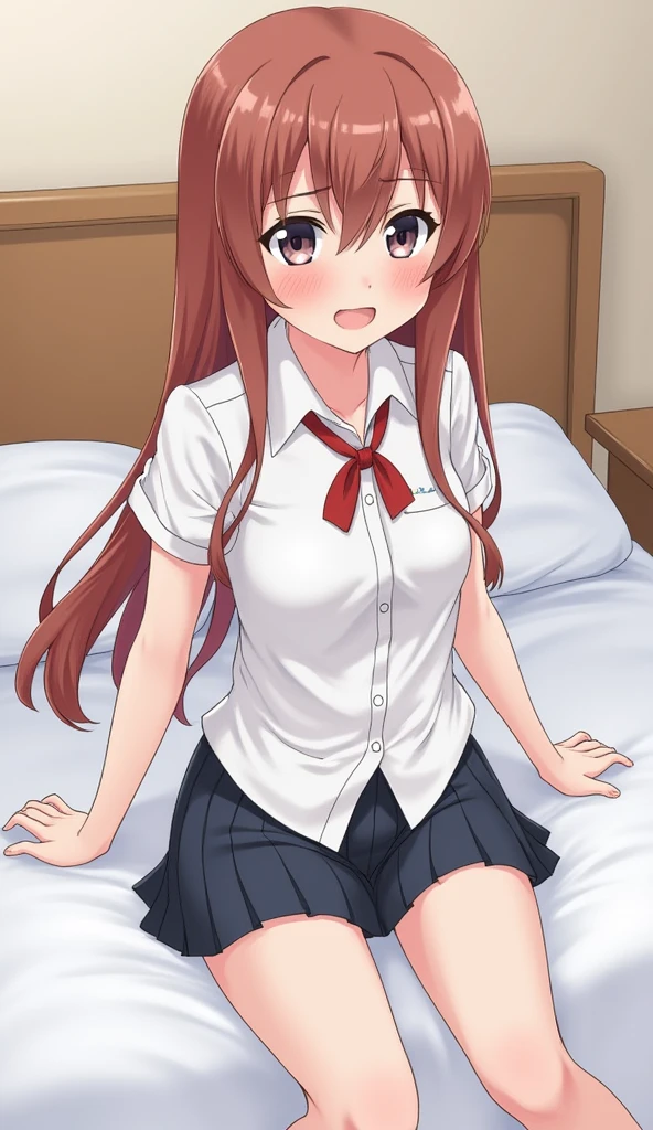 masterpiece,illustration,best quality,detailed,ultra detailed,insanely detailed,nsfw, 1girl,full body,pussy,striped, from below, grin, closed mouth, small breasts, narrowed eyes,pussy, skirt lift, spoken heart,white panties,panties around leg,panty lift Thigh,bedroom,school uniform,megumi jinno