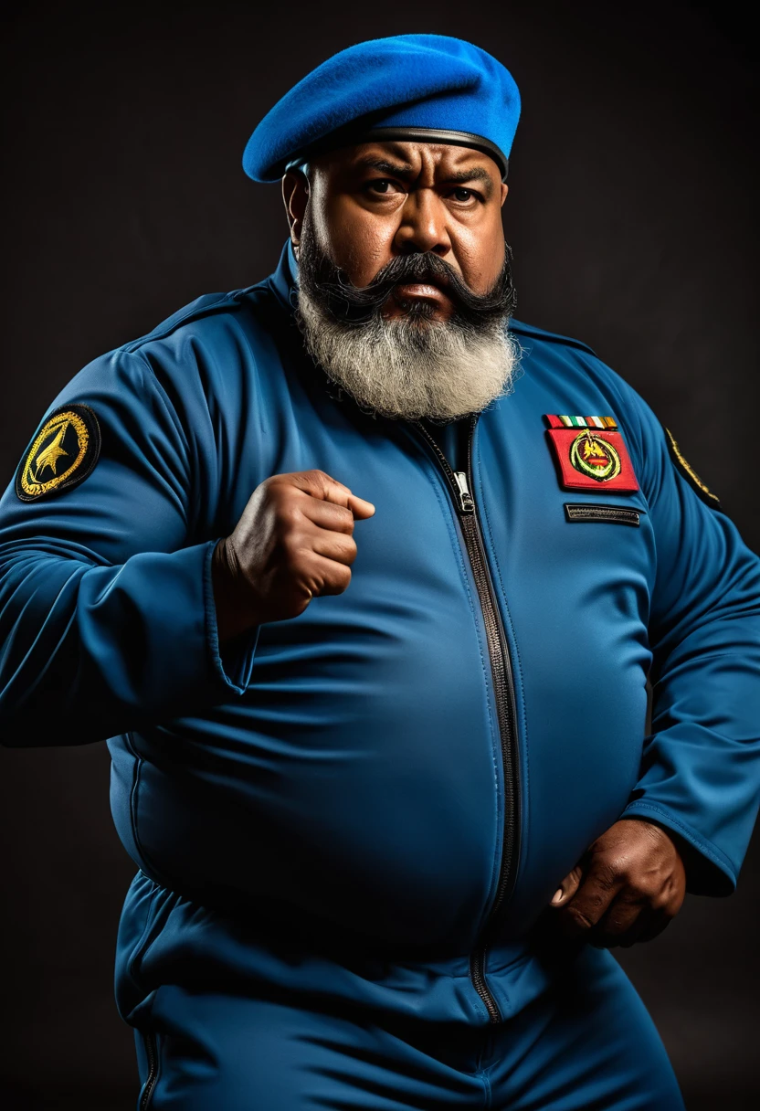 (a dark-skinned bearded fat old man in a bulky blue zipper diver suit) fighting stance and (wearing army beret), muscular, Basuki Abdullah, sumatraism, action-packed atmosphere, a character portrait, heroic, fierce expression, angry, dramatic shadows and intense highlights, cinematic color tones, high detail, professional, best quality image