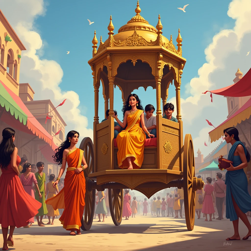 When the princess turned eighteen she went to a fair , The maid is taking the princess to the fair in a palanquin. Rajkumari mele me jaa rhi hai
