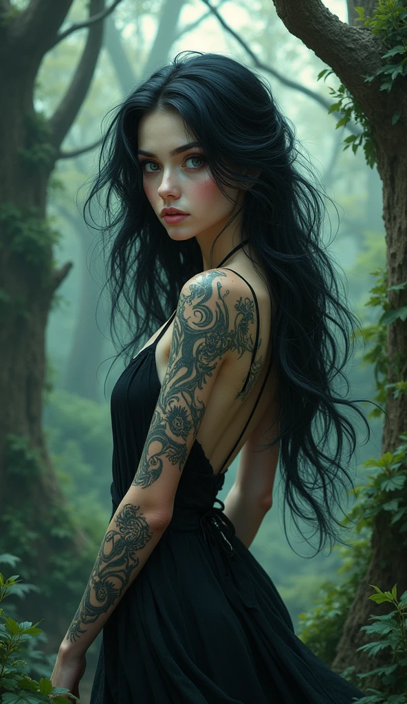 A fairy with black hair and tattoos