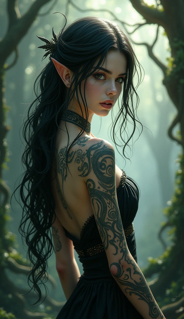 A captivating and sensual cinematic painting by Luis Royo, featuring a stunning woman with voluptuous curves. She stands confidently,her long, flowing hair cascading down her back. Her body is adorned with intricate tattoos and jewels, drawing the eye to her alluring features. The background is a dark, mysterious forest with a soft glow emanating from her silhouette, creating an otherworldly atmosphere., photo, painting, cinematic, 3d render, fashion, dark fantasy, illustration, anime, poster, vibrant, wildlife photographyLess
