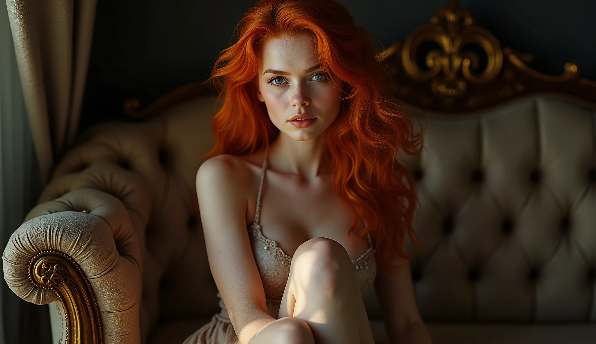 full body with legs,beautiful young red haired girl with passionate blue eyes in erotic pose sitting on a sofa