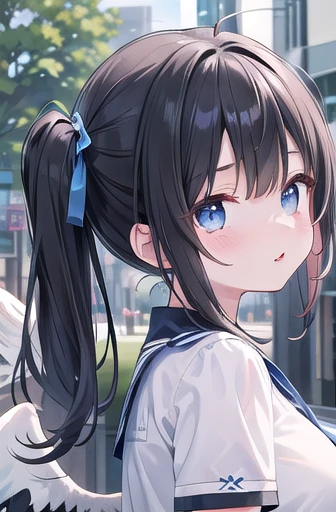 (masterpiece, Highest quality, Highest quality, Official Art, beautifully、beautiful:1.2), (One person,cute,short:1.5), Very detailed, colorful, Most detailed ((Very detailed)), (Highly detailed CG illustrations), ((Very delicate and beautiful)),(8K Photo Quality,Ultimate glowing skin,Detailed skin,Ultimate detailed face), (One person:1.3), Very detailed, colorful, Most detailed ((Very detailed)), (Highly detailed CG illustrations), ((Very delicate and beautiful)), One personで, Outdoor, I will be back again/(Tokyo/), Are standing, Black Hair, Long twin tails, blue eyes, (Seraphim, short sleeves:1.5), Large Breasts