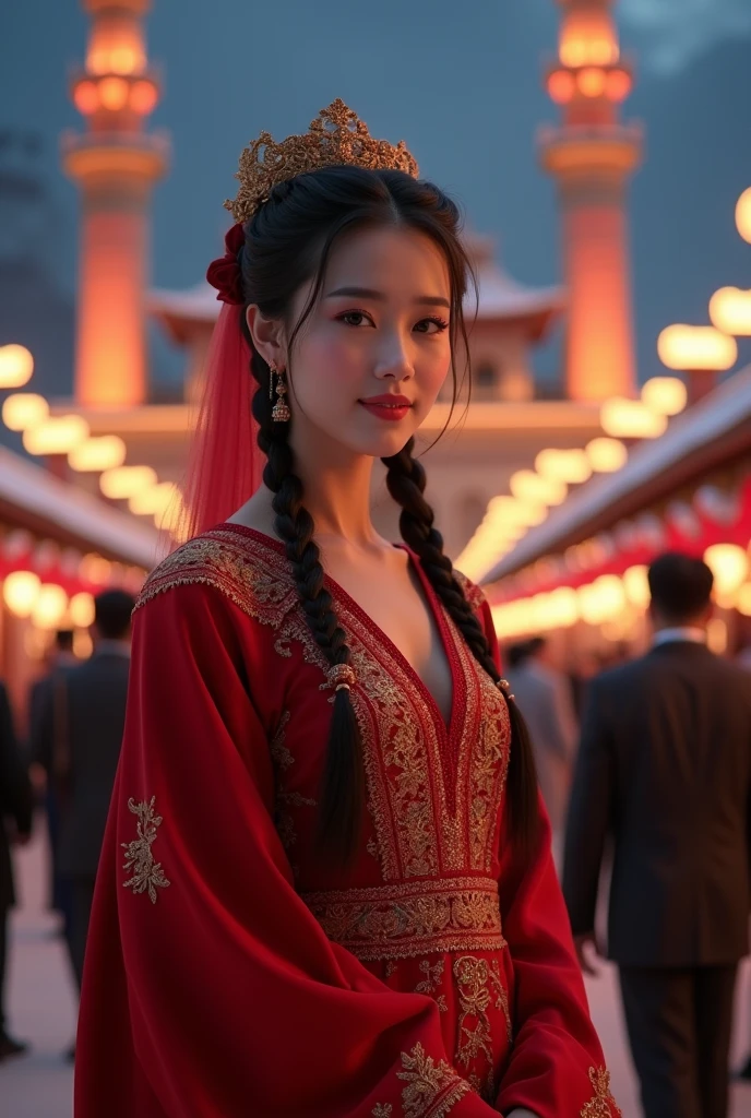 ((((8K))),((Extremely detailed CG)) ,(wallpaper),16K,((Extremely exquisite and beautiful)),(((masterpiece))),(((Best quality))),(((Ultra-high resolution))),Beautiful light,Perfect Lightning,Realistic shadows,Rembrandt Lighting,(Bright Light:1.3),(Neon lights:1.2),Movie atmosphere,(Smooth and flawless fair skin:1.5),(Pale skin:1.3),Extremely delicate facial details,(Perfect body:1.1),Extremely detailed,(Beautiful Malay Muslim:1.2),(Small head:1.2),(Uyghur braids:1.1),(Small face:1.2),Exquisite makeup,(Small Breasts:1.2),(flat chest:1.2),(Slim,Thin),(Happy:1.2),(Smile:1.2),(Gorgeous robe Beautifully embroidered red robe:1.5),(Long legs:1.2),(bud:1.5),(High heel:1.1),outdoor,(Night view:1.5),(permanent:1.3),(Put your hands behind your back:1.3),(In front of the majestic mosque:1.5),(In the square:1.2),(In Kashgar:1.2),(Detailed background:1.5),(Close-up of face:1.3),(From the front:1.3),(Surrounded by a crowd:1.5),(winter:1.2),Cleavage,Hijab