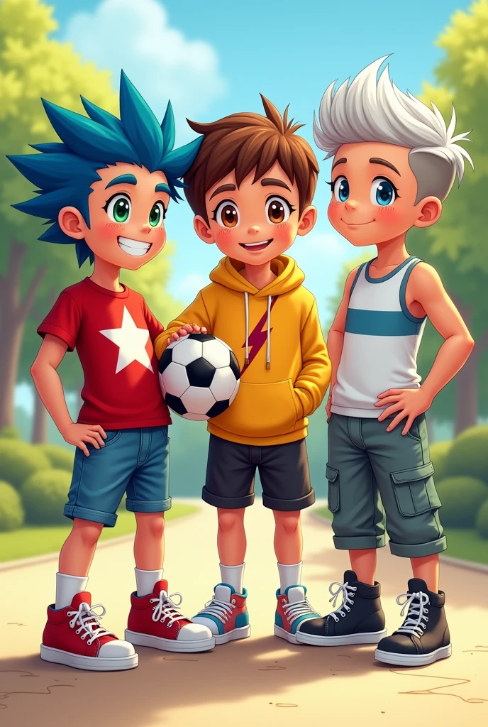 Boy 1:
Appearance: A boy with spiky, bright blue hair and expressive, large green eyes. He's wearing a red T-shirt with a white star on it, denim shorts, and sneakers. He has a playful grin on his face, and he’s holding a soccer ball under one arm.
Boy 2:
Appearance: A boy with short, messy brown hair and warm, amber eyes. He’s dressed in a yellow hoodie with a lightning bolt graphic, black shorts, and a pair of high-top sneakers. He has a thoughtful expression, as if he's strategizing or planning something.
Pose:
Appearance: A boy with sleek, silver hair styled in a cool undercut and calm, blue eyes. He’s wearing a white tank top with a blue stripe, casual cargo pants, and sandals. He has a relaxed, friendly smile on his face.
Pose:
Overall Mood: The image conveys a sense of camaraderie and youthful energy. The boys are clearly enjoying their time together, each expressing their unique personalities through their clothing and poses. The background enhances the feeling of a carefree, fun day at the park.
Feel free to modify any details based on your preferences!