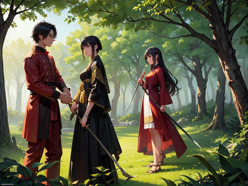 Draw me a picture like this: một chàng trai đang theo dõi hai lão già lớn tuổi, old style swordplay image, The setting is in the forest.
