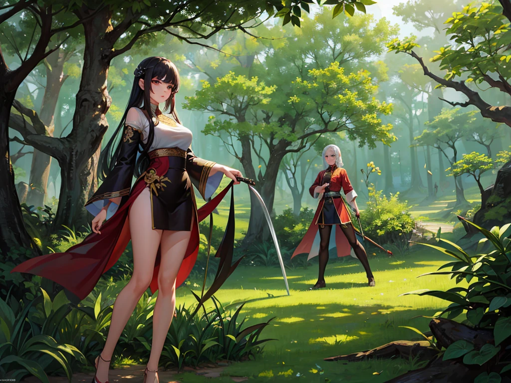Draw me a picture like this: một chàng trai đang theo dõi hai lão già lớn tuổi, old style swordplay image, The setting is in the forest.