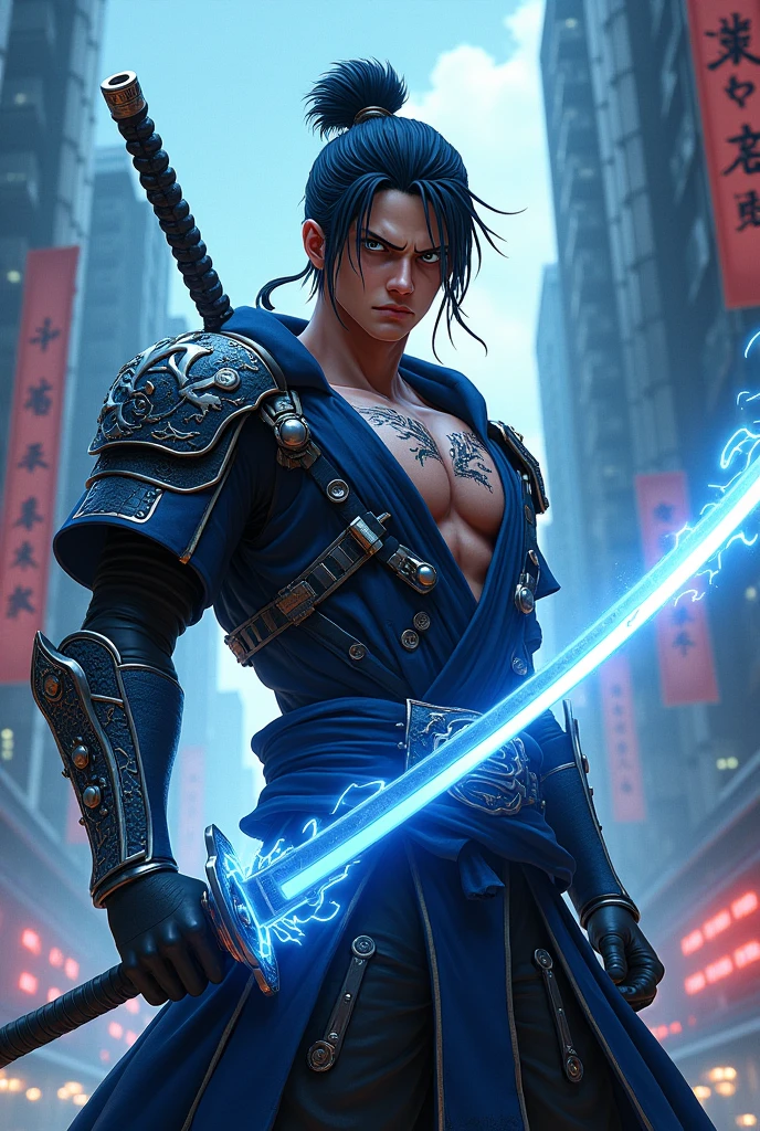 Luffy is reimagined as a neo-samurai warrior, his body muscular and clad in high-tech samurai armor that glows with neon blue accents. His iconic hair is tied back in a traditional topknot, but with interwoven metal strands, giving it a futuristic vibe. Ancient dragon symbol tattoos glowed faintly on his chest and arms. Luffy's eyes are sharp and focused, reflecting the wisdom and strength of a seasoned warrior. In his hand, he held a shining energy katana, with energy swirling around it. The background is a cyberpunk cityscape with towering skyscrapers and floating kanji symbols, combining traditional Japanese elements with a futuristic atmosphere. The color palette is dominated by navy, black and neon highlights, creating a strong and modern warrior aesthetic."