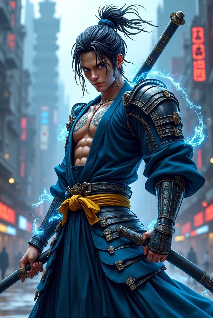 Luffy is reimagined as a neo-samurai warrior, his body muscular and clad in high-tech samurai armor that glows with neon blue accents. His iconic hair is tied back in a traditional topknot, but with interwoven metal strands, giving it a futuristic vibe. Ancient dragon symbol tattoos glowed faintly on his chest and arms. Luffy's eyes are sharp and focused, reflecting the wisdom and strength of a seasoned warrior. In his hand, he held a shining energy katana, with energy swirling around it. The background is a cyberpunk cityscape with towering skyscrapers and floating kanji symbols, combining traditional Japanese elements with a futuristic atmosphere. The color palette is dominated by navy, black and neon highlights, creating a strong and modern warrior aesthetic."
