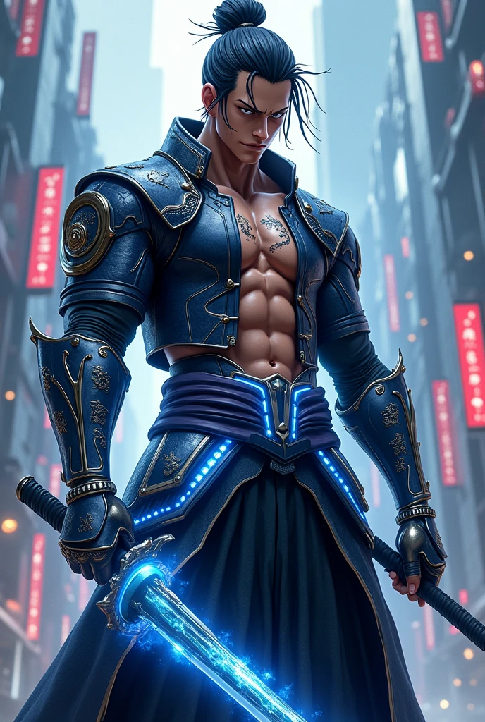 Luffy is reimagined as a neo-samurai warrior, his body muscular and clad in high-tech samurai armor that glows with neon blue accents. His iconic hair is tied back in a traditional topknot, but with interwoven metal strands, giving it a futuristic vibe. Ancient dragon symbol tattoos glowed faintly on his chest and arms. Luffy's eyes are sharp and focused, reflecting the wisdom and strength of a seasoned warrior. In his hand, he held a shining energy katana, with energy swirling around it. The background is a cyberpunk cityscape with towering skyscrapers and floating kanji symbols, combining traditional Japanese elements with a futuristic atmosphere. The color palette is dominated by navy, black and neon highlights, creating a strong and modern warrior aesthetic."