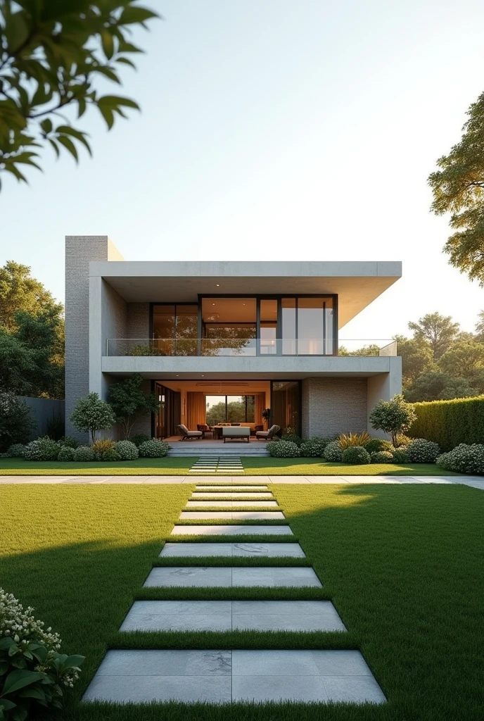 A modern minimalist home with a spacious, luxurious front yard. The facade is sleek and simple, with clean lines and a neutral color palette. The landscaping is meticulously manicured, with lush green lawns, vibrant flowers, and elegant stone pathways. The home is bathed in soft, warm sunlight, creating a sense of tranquility and sophistication. The ultra-realistic details, including the intricate brickwork, the shimmering glass windows, and the perfectly sculpted hedges, make the scene come alive. The cinematic composition, with the home positioned in the center of the frame and the expansive yard extending out towards the horizon, creates a sense of grandeur and scale. The 8k resolution ensures that every detail, from the delicate patterns in the stonework to the individual blades of grass, is captured with breathtaking clarity. This is a picture of luxury and refinement, a testament to the power of minimalist design.