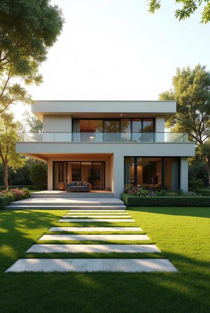 A modern minimalist home with a spacious, luxurious front yard. The facade is sleek and simple, with clean lines and a neutral color palette. The landscaping is meticulously manicured, with lush green lawns, vibrant flowers, and elegant stone pathways. The home is bathed in soft, warm sunlight, creating a sense of tranquility and sophistication. The ultra-realistic details, including the intricate brickwork, the shimmering glass windows, and the perfectly sculpted hedges, make the scene come alive. The cinematic composition, with the home positioned in the center of the frame and the expansive yard extending out towards the horizon, creates a sense of grandeur and scale. The 8k resolution ensures that every detail, from the delicate patterns in the stonework to the individual blades of grass, is captured with breathtaking clarity. This is a picture of luxury and refinement, a testament to the power of minimalist design.