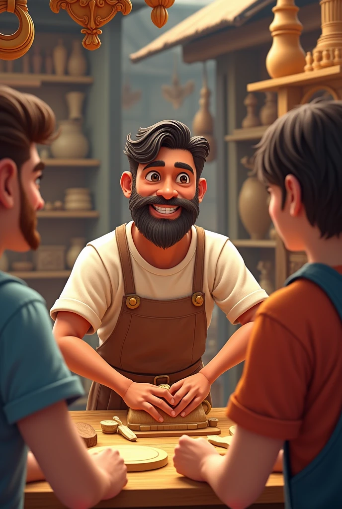 Rabi is seen interacting with satisfied customers and displaying high-quality wood products. The scene is lively and successful, showcasing the transformation in Rabi’s life and work."