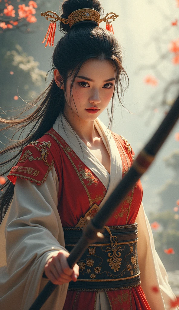 Front view , Chinese Female Warrior, (One person is drawing a bow and arrow),  ((drawing a bow string, bottom feather of an arrow)), Showcasing oriental archery style:1.3)(Surrealism, 超High resolution, retina, Accurate, masterpiece, Anatomically correct, Textured skin, Super Detail, Attention to detail, Highest quality, High resolution)