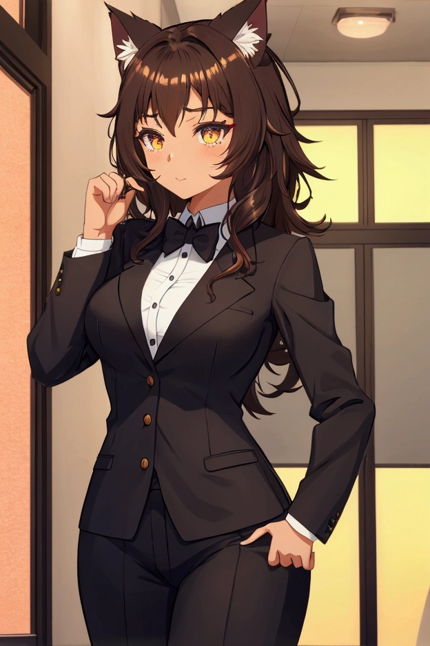 Neika is a short girl with brown medium length wild hair, cat ears, cat like eyes, light brown cat Iris's, fair skin, B cup breasts and is dressed in a black business suit.