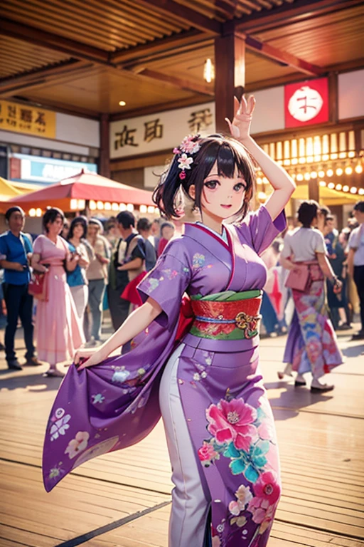 (Japan Bon Odori,最高masterpiece,Highest quality), Hot August,Bright vibrant anime art,People of all ages and genders dance and dance, Let&#39;s dance in yukata,Laughing and dancing, Showing white teeth,Men and women dance in a circle, masterpiece,Highest quality,High resolution,