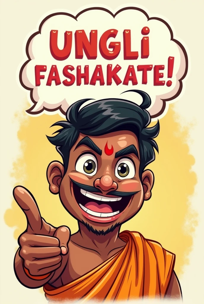 A funny ungli face south indian with a text bubble which have the following text ( we are south indian Saar)