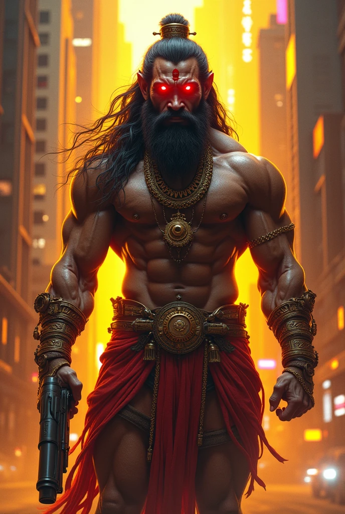 Lord Hanuman standing on cyberpunk city and holding a gun with 6 pac bodybuilding and yellow and orange colour neon light with glowing his eyes in red colour