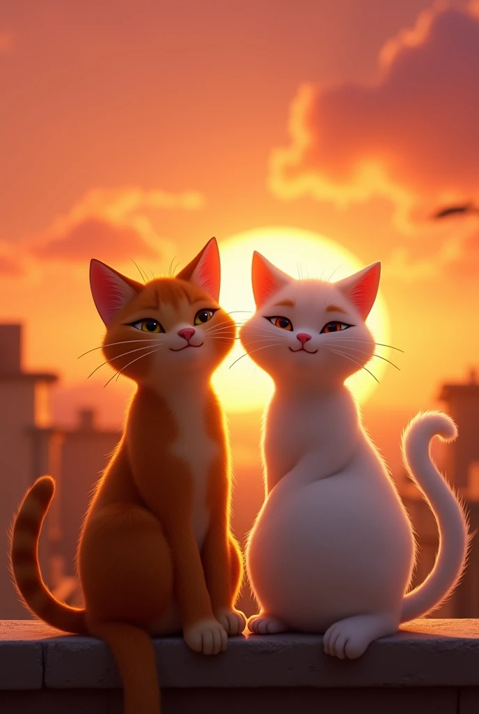 Moti brown cat band Sona white cat Cats Sitting Together at Sunset: Moti and Sona sitting side by side on a rooftop or in the alley, watching a beautiful sunset together, symbolizing their deep friendship. Pixar style 