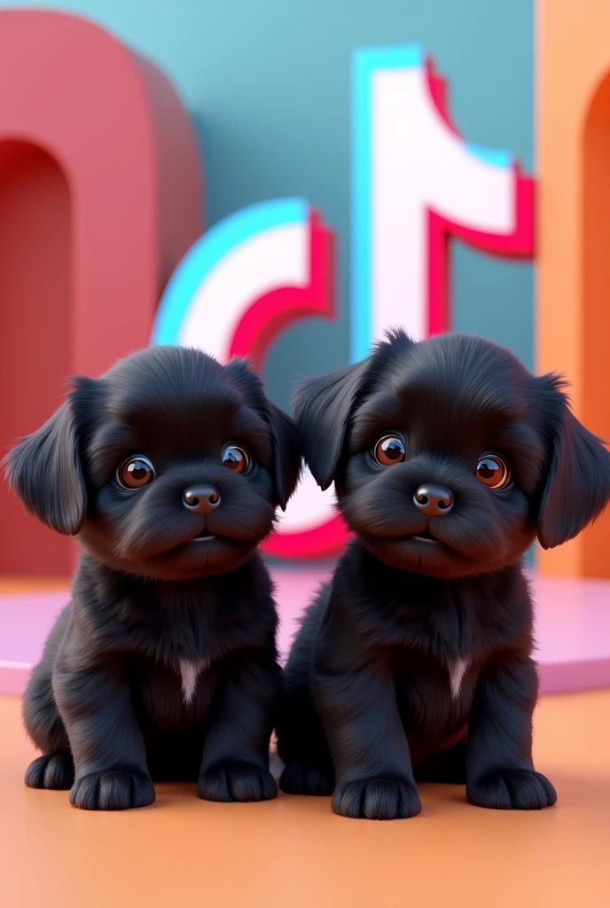 2 aforable black shih tzu puppies posing next to the tiktok logo 3D Pixar style