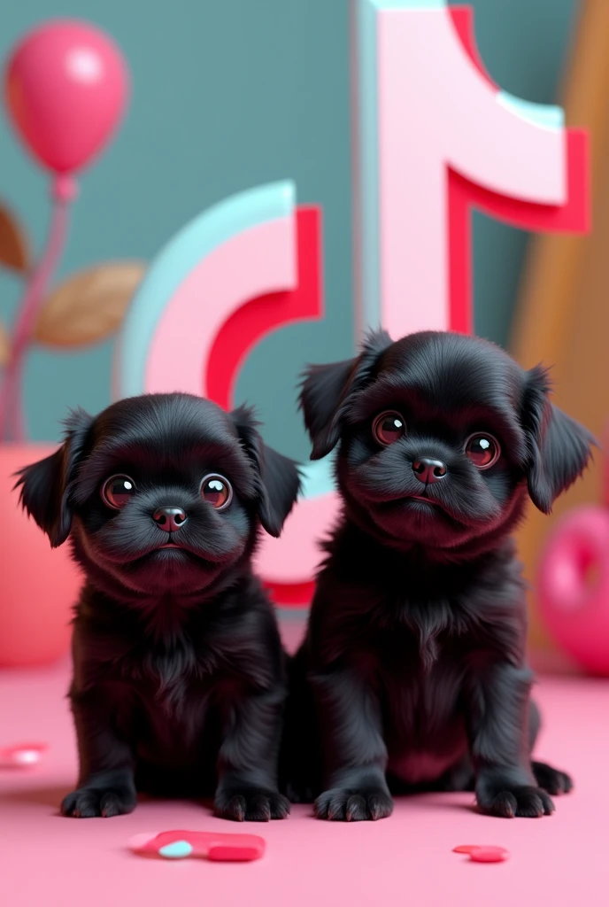 2 aforable black shih tzu puppies posing next to the tiktok logo 3D Pixar style