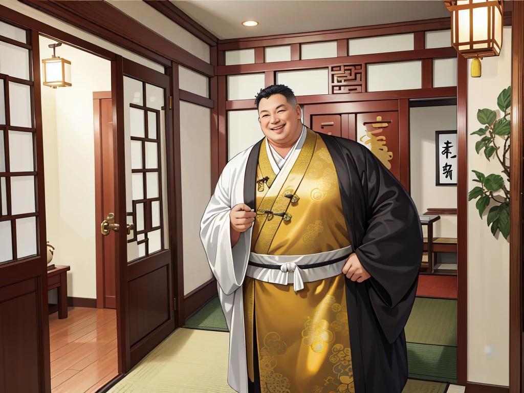 (ridiculous, high resolution, super detailed, realistic,), 1 middle-aged fat man, standing outside the door, 50 years old, nodding happily, hands on his back, head down, happy, happy, Qing dynasty style, gold theme robe, greasy, rich, rich man, room, ancient Chinese style, HD photo.