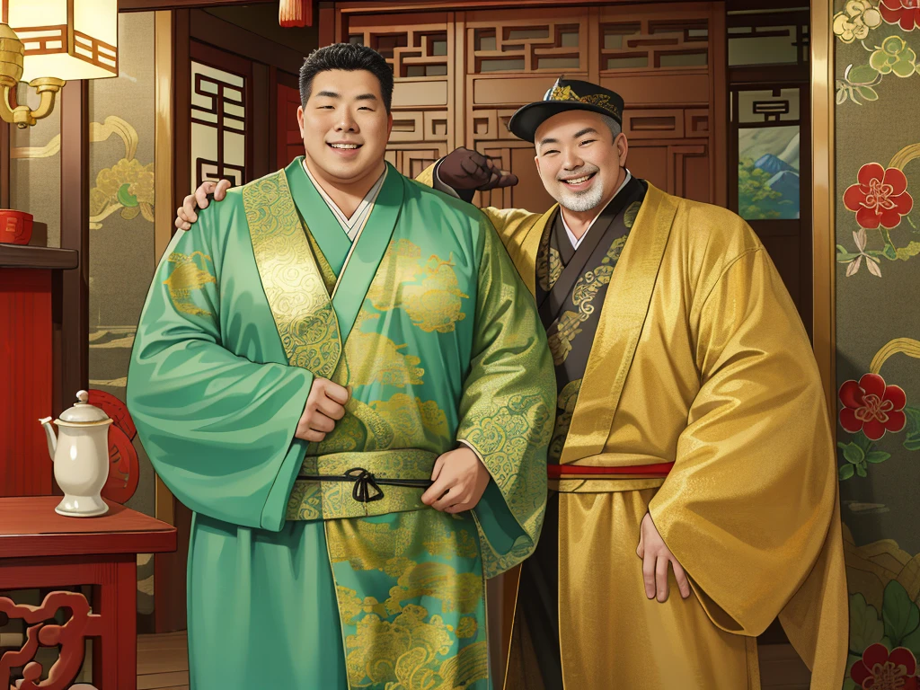 (ridiculous, high resolution, super detailed, realistic,), 1 middle-aged fat man, standing outside the door, 50 years old, nodding happily, hands on his back, head down, happy, happy, Qing dynasty style, gold theme robe, greasy, rich, rich man, room, ancient Chinese style, HD photo.