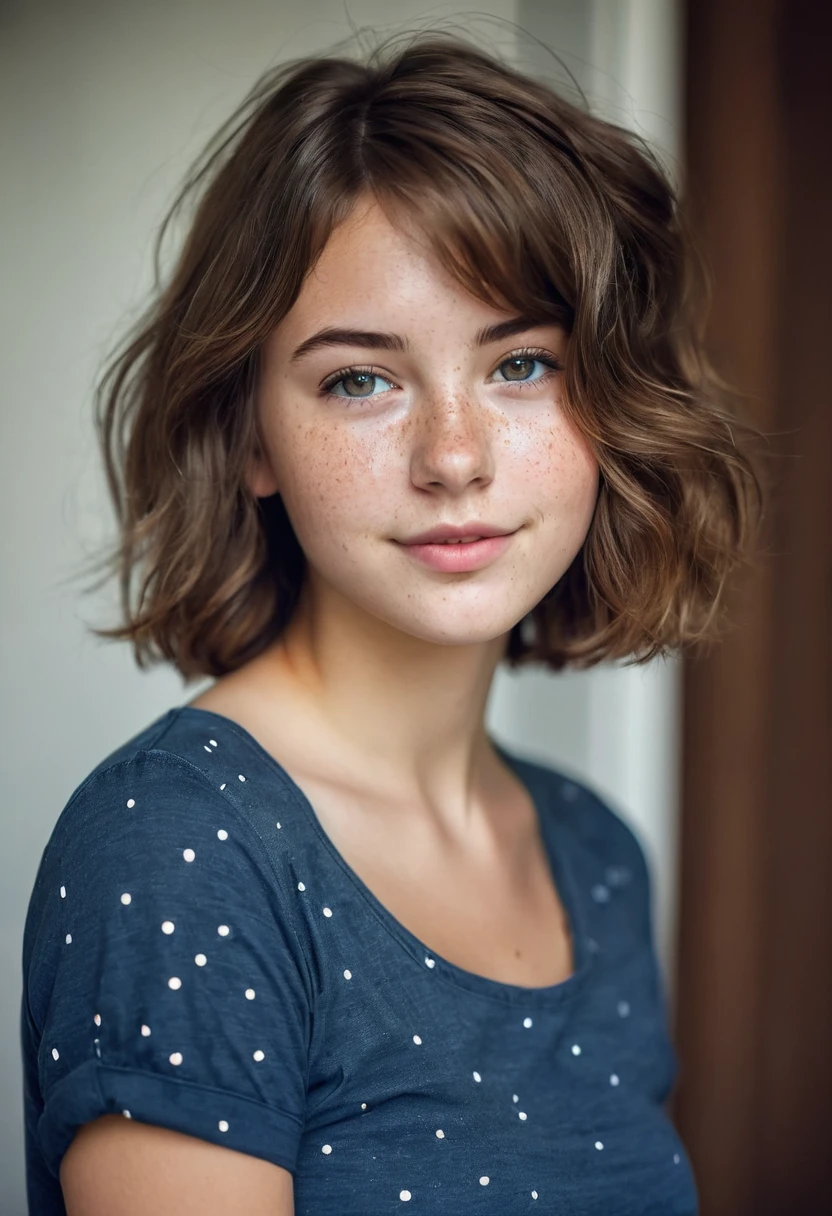 Cute Teenager young girl, Brown hair, adorable attractive, innocent and friendly. Adorable little freckles on her cheeks. Short hair, lots of hair, short wavy hair. A color dark blue short-sleeved shirt with pants color khaki. Slightly playful, flirtatious and calm facial expression. noticeable Big breasts ((big breasts)) ((realistic photo)) ((Nice house)) ((Looking at the viewer))
