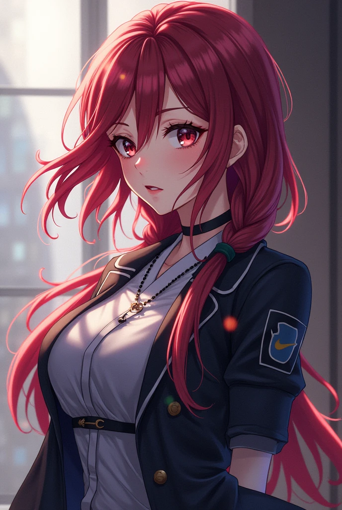 (masterpiece),( best quality), detailed background, dramatic lighting, 1girl, wind blowing hair, looking at viewer, upper body, cross on necklace, (suspenders), ponytail, freckles, red hair, sunlight, cleavage