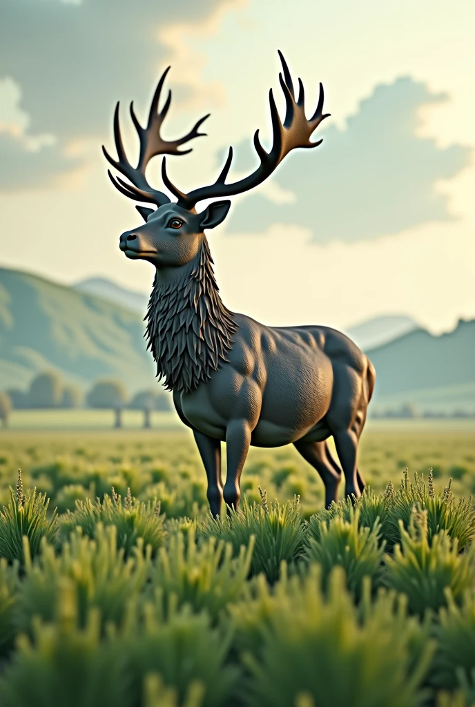 deer with horns on a field with green grass in 3D model styles camera angle far from the top from the side cloudy weather