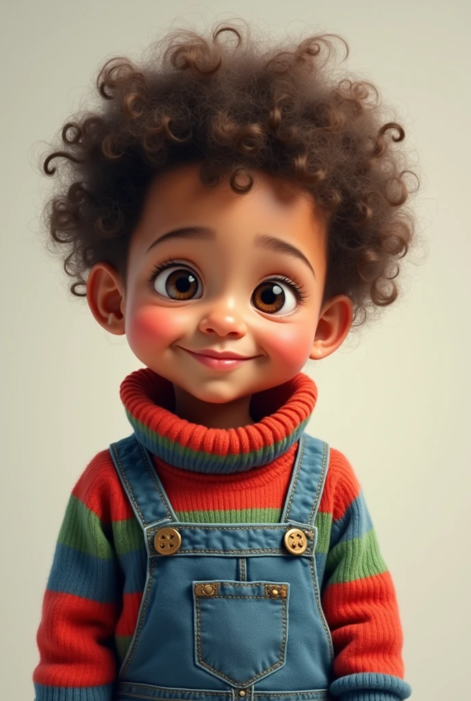 Create an image of a  with Pantone 80-6 C skin color, curly hair with less hair on the sides than on top, a long face and small, round, dark brown eyes with medium-sized teeth in front and slightly set apart, wearing a red, blue and green striped sweater and jeans-colored overalls.