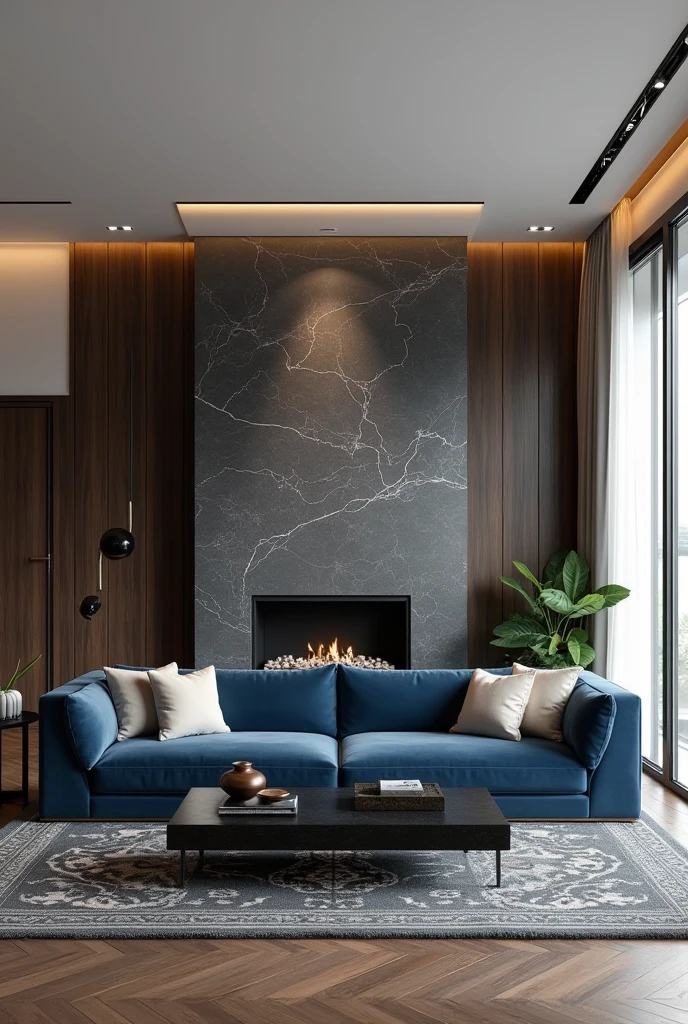 Professional 3d architecture rendering design of modern living room with so dark gray and dark beige and so dark vintage blue floranca velvet sofa set and medium flouting dark gray marble fireplace and brown laminate and elegant and modern accessories and modern windows and black slab stone middle table and elegant ceiling lighting and elegant accessories and elegant dark gray Persian carpet and modern ceiling lighting and white wall and elegant accessories