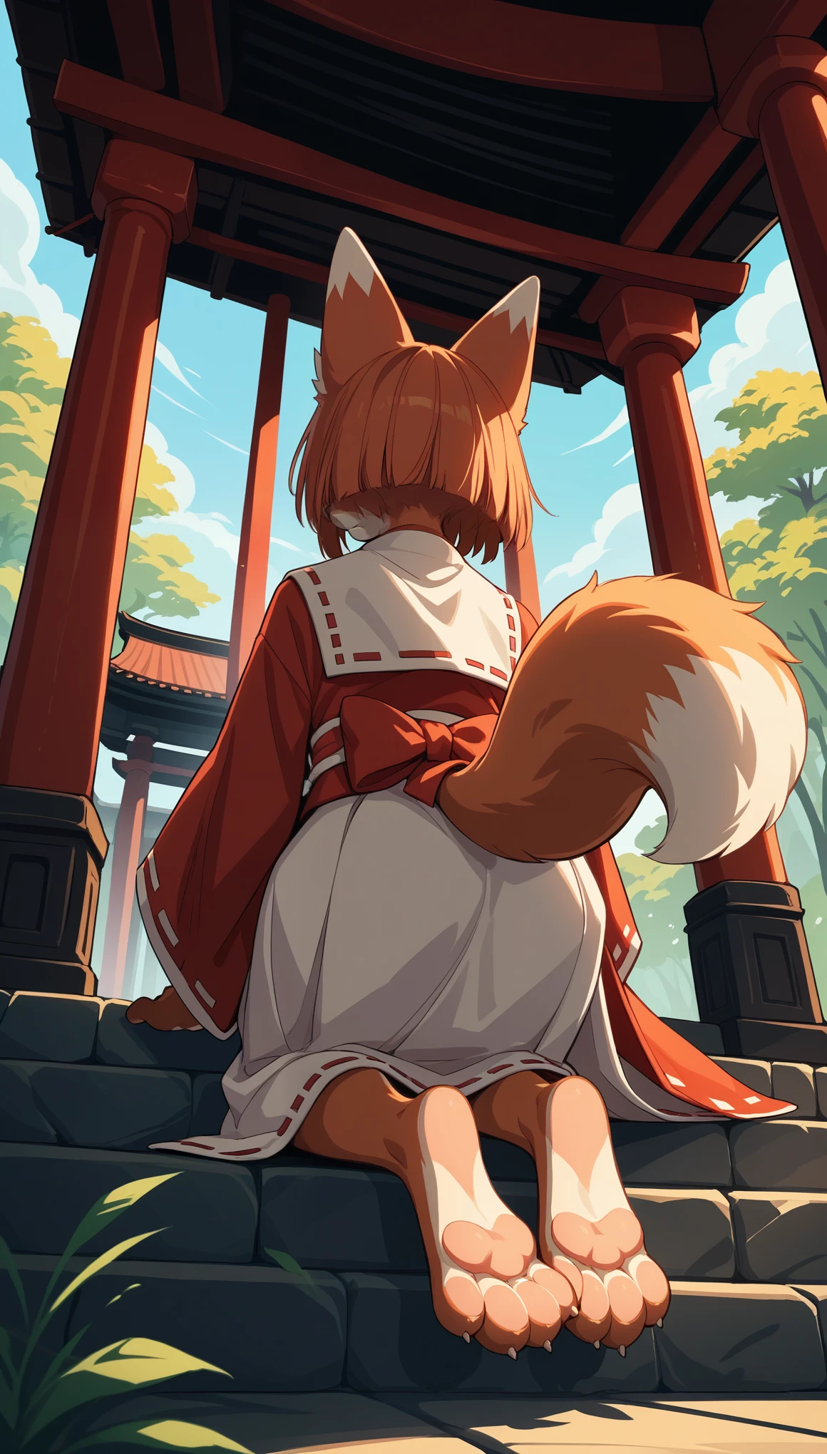 score_9, score_8_up, score_7_up, score_6_up, score_5_up, score_4_up, BREAK source_anime, rating_safe, [rating_explicit],
dagasi_style, furry, temple, fox girl, sitting, low view, from behind, dressed, clothed, Miko, soles at spectator, showing soles, grinning, paws, 3 toes, barefoot, paws