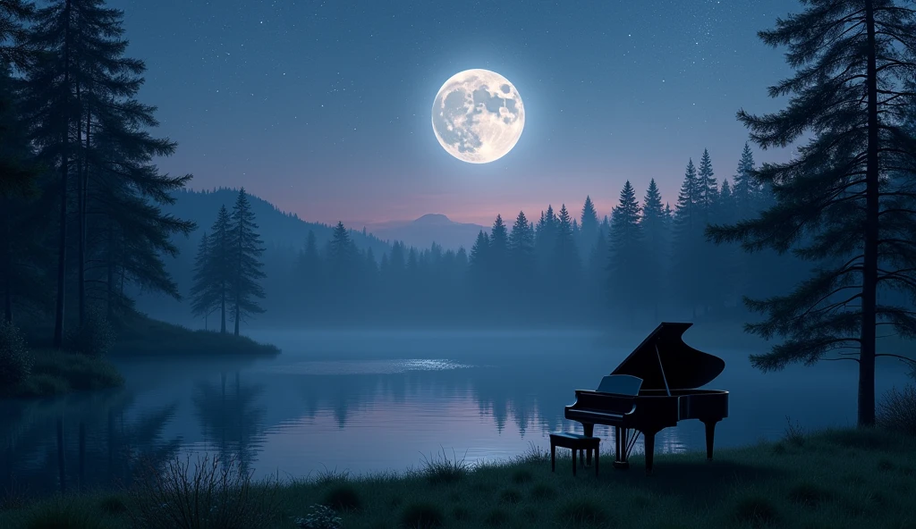 With a serene lake in the foreground, surrounded by tall evergreen trees, it creates a peaceful nightscape. The sky is filled with stars and a full moon casts a soft light on the landscape. The sky's color shifts from deep blue to soft purples and pinks near the horizon, and reflections of the sky and trees clearly appear on the surface of the water, adding to the serene scene. A sophisticated black grand piano is placed on the lawn by the lake, overlooking the water, adding an elegant and mysterious touch to the tranquil setting. The grand piano is illuminated by moonlight.
Translated with DeepL.com (free version)