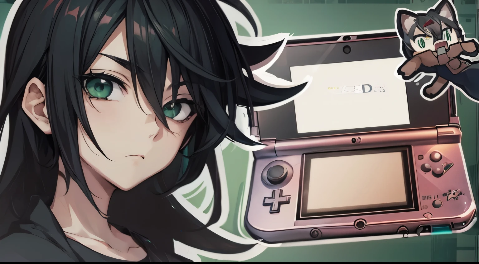 Anime style, Emo boy, nitendo 3ds, emo, green background,