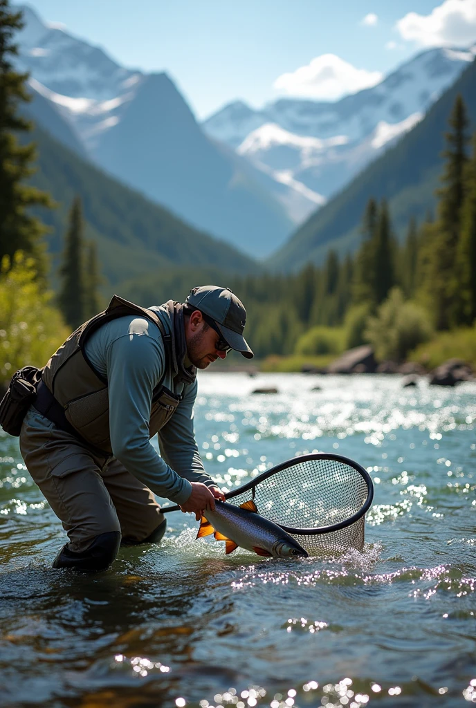 professional photos, Catching char with a landing net in a mountain stream, A beautiful fly hangs in his mouth., Fly fishing catch