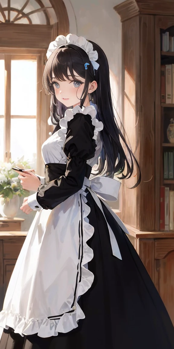 Masterpiece Standing straight Symmetrical, Lecherous grinning face red blush red cheeks, Watch the viewers, maid headdress, maid, dress, apron, Long sleeve, 