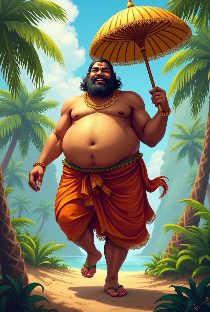 Kerala maveli with Kerala background big stomach full of gold ornaments dothi without beard  with plam umbrella.  Maveli on crazy movement without beard remove faceill hair 