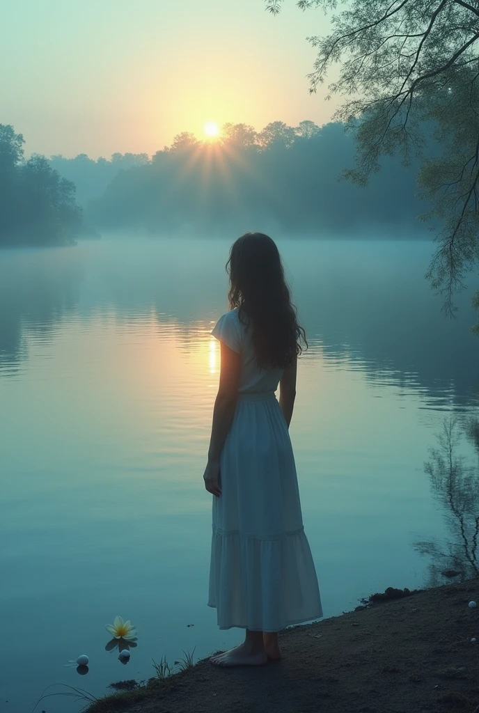 The photo features a serene scene with a solitary figure standing by a calm, reflective lake. The figure, with their back to the camera, gazes out over the water, which mirrors the soft hues of a setting sun. Gentle ripples on the lake’s surface catch the last light of the day. Nearby, a few delicate pearls rest on the ground, symbolizing tears. The overall atmosphere is one of quiet contemplation, emphasizing the theme of enduring life despite past sorrows and lost dreams.
For man