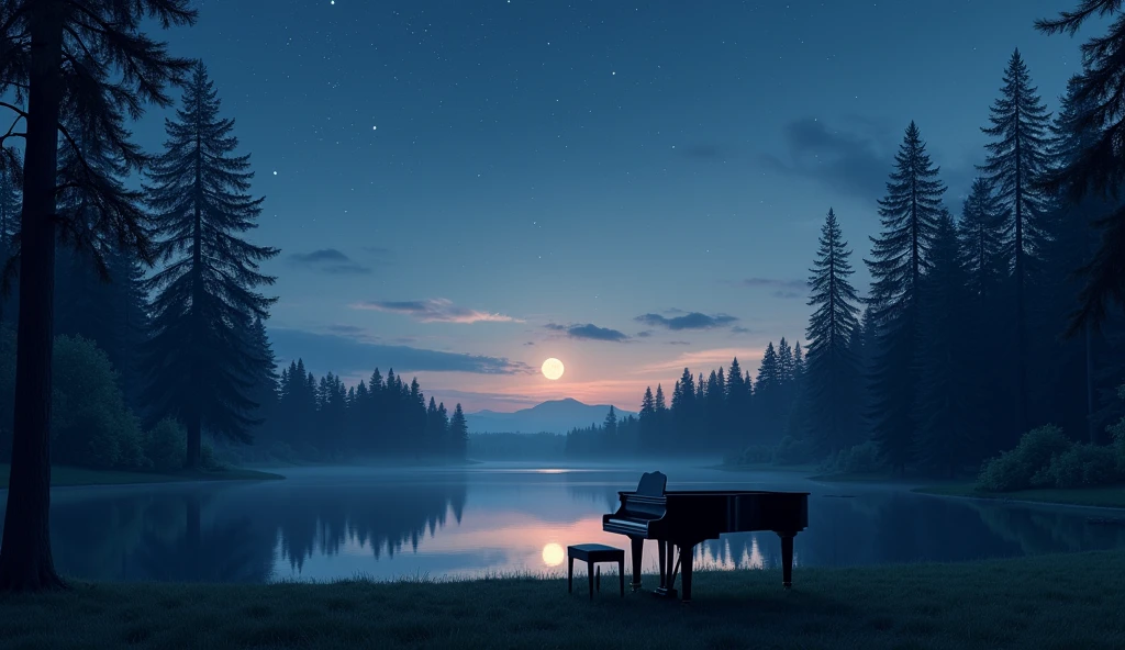 With a serene lake in the foreground, surrounded by tall evergreen trees, it creates a peaceful nightscape. The sky is filled with stars and a full moon casts a soft light on the landscape. The sky's color shifts from deep blue to soft purples and pinks near the horizon, and reflections of the sky and trees clearly appear on the surface of the water, adding to the serene scene. A sophisticated black grand piano is placed on the lawn by the lake, overlooking the water, adding an elegant and mysterious touch to the tranquil setting. The grand piano is illuminated by moonlight. Dawn is gradually breaking.



Translated with DeepL.com (free version)