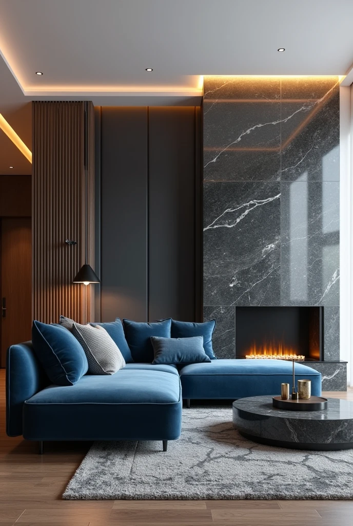Professional 3d architecture rendering design of modern  living room with  so dark  gray   and dark beige and  so dark vintage blue floranca velvet sofa  set and medium  flouting  dark gray marble fireplace and brown laminate and elegant and modern accessories and modern windows and black slab stone middle table and elegant ceiling lighting and elegant accessories and elegant  dark gray Persian carpet and modern ceiling lighting and white wall and elegant accessories 