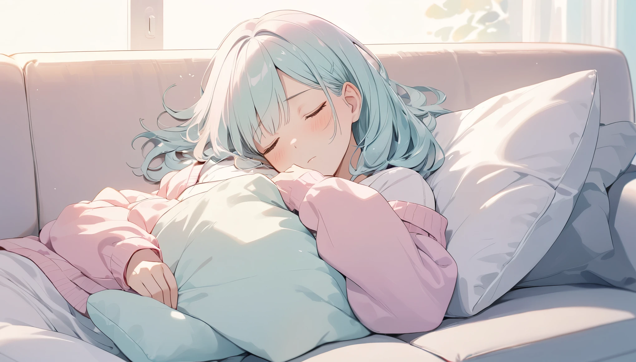Highest quality,Woman sleeping on sofa,tired,pastel colour
