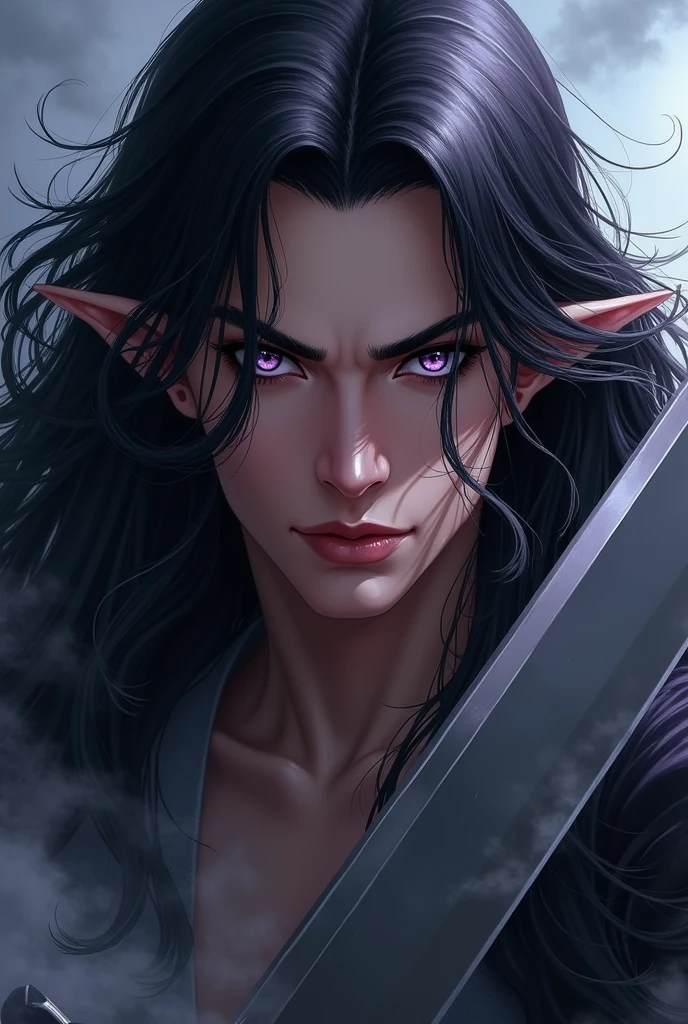 Close-up of a man with black hair, a black-haired deity, by Yang J, with black hair, handsome guy in demon killer art, Guvitz, Guvitz style artwork, handsome, long black hair, by fanci, cloud-like black hair, beautiful figure painting, black hair, eyes purple, with sowrd