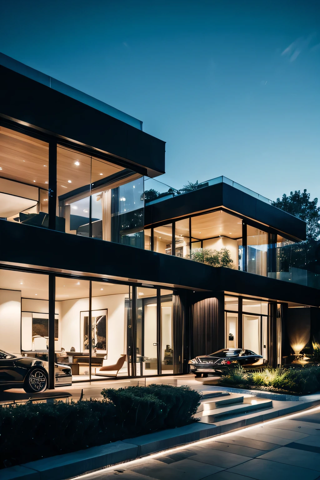 Beautiful luxury house with so many lights and beautiful landscape very big house with lots of black cars standing outside the building